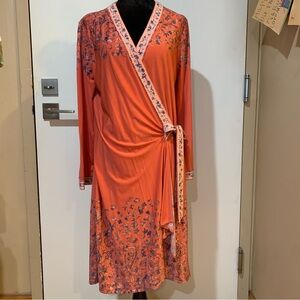 BCBGMaxAzria Coral and Blue Floral Wrap Dress. Long Sleeve Knee Length. Large